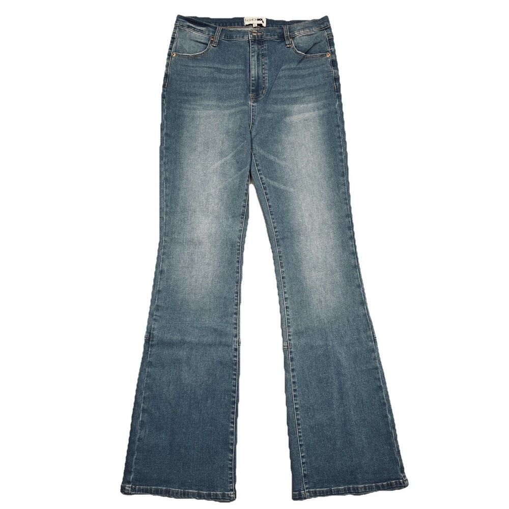 Fashion Nova Split Flare Jeans Juniors 15 High Rise Blue Stretch Measures 32x33